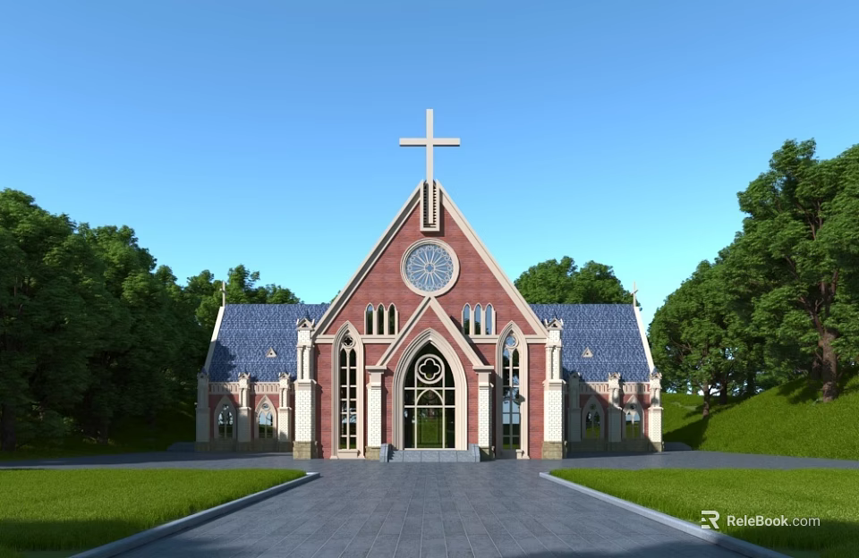 European style Church Architecture with Cross Clock Tower Red Brick Arched Windows Green Lawn 3d model 