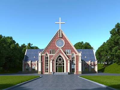 European style Church Architecture with Cross Clock Tower Red Brick Arched Windows Green Lawn 3d model