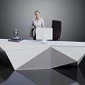 Modern White Geometric Reception Desk With Woman Computer Monitor And Decorative Sculpture