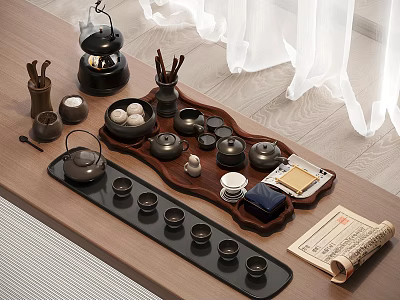 Traditional Chinese Tea Set with Wooden Tray Teacups Teapot and Tea Ceremony Items 3d model