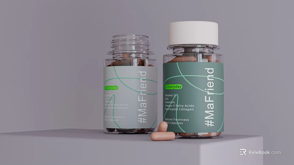Transparent MaFriend Supplement Bottles With Brown Pills On Gray Surface 3d model 