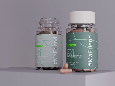 Transparent MaFriend Supplement Bottles With Brown Pills On Gray Surface 3d model