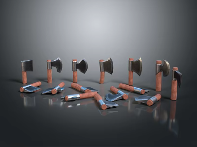 Various Wooden Handle Metal Head Axes Standing And Lying On Gray Reflective Surface 3d model