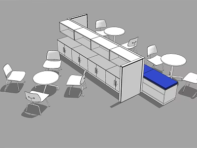 Modern Table and Chair Set with Round Tables White Chairs Cabinets and Blue Countertop 3d model
