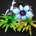 Plant Bouquet With White Large Flowers Purple Small Blooms And Green Leaves On Black Background