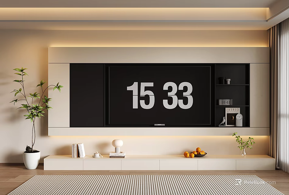 Modern TV Wall Design With Ambient Lighting Storage Cabinets And Indoor Plants 3d model 