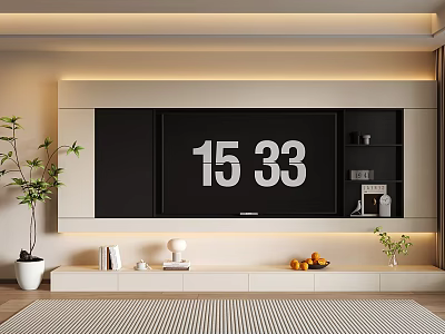 Modern TV Wall Design With Ambient Lighting Storage Cabinets And Indoor Plants 3d model