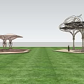 Modern Pergola Design With Petal Shaped Top And Multiple Structures On Grass Lawn 3d model