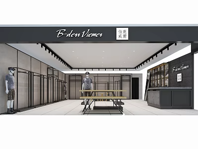 Modern Clothing Store Interior With Mannequins Clothing Racks Display Table And Checkout Counter 3d model
