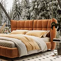 Cozy Bedroom Interior With Orange Tufted Headboard Bed Large Windows And Snowy Trees View