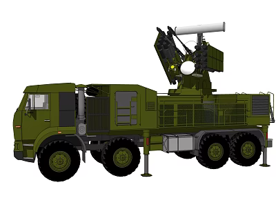Green Military Functional Vehicle With Large Radar System And Multi Wheeled Design 3d model