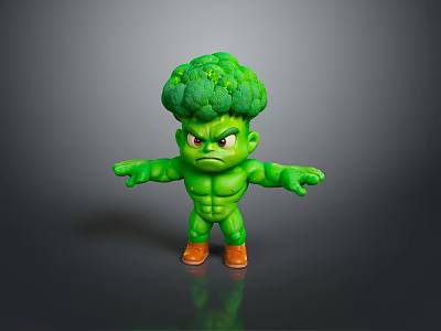 Muscular Green Broccoli Shaped Doll Toy With Orange Shoes And Strong Expression 3d model