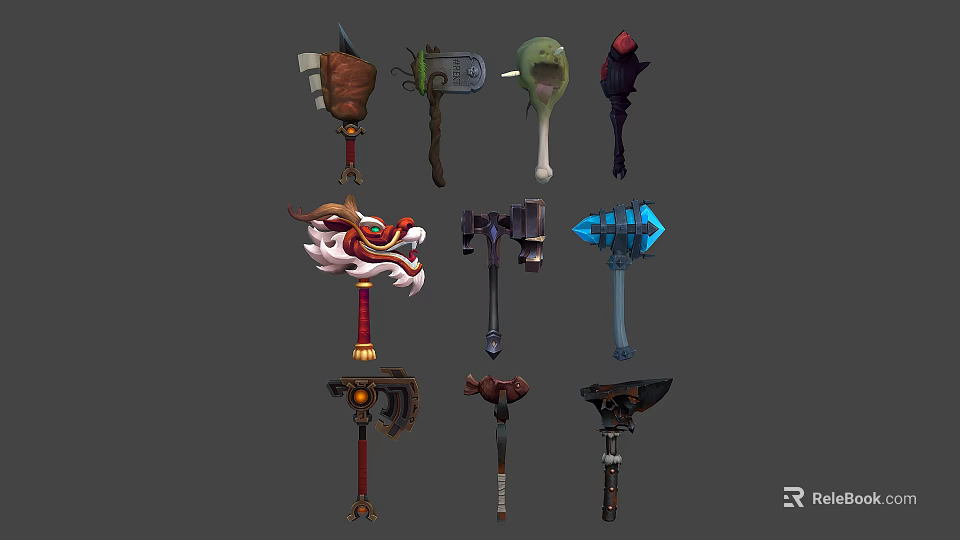 Various Decorative Weapon Models With Unique Handles And Diverse Head Designs 3d model