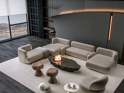 Modern Beige Sectional Sofa And Stone Coffee Table Set With Fireplace Scenic View Living Room 3d model