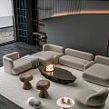 Modern Beige Sectional Sofa And Stone Coffee Table Set With Fireplace Scenic View Living Room