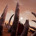 Desert Scene Featuring Dragon Skeleton Red Tent And Bone Remains