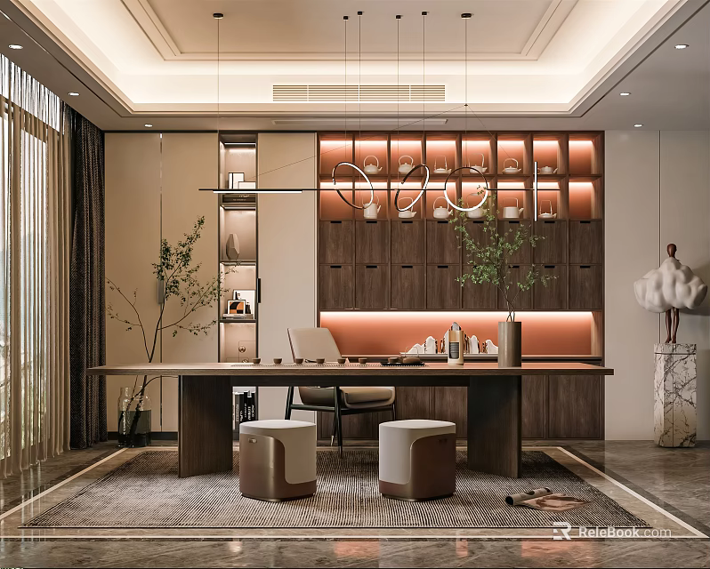 Modern Tea Room Interior With Wooden Shelves Hanging Pendant Lights Green Plants And Tea Sets 3d model 