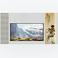 Modern TV Background Wall With Striped Panel And Mountain Landscape