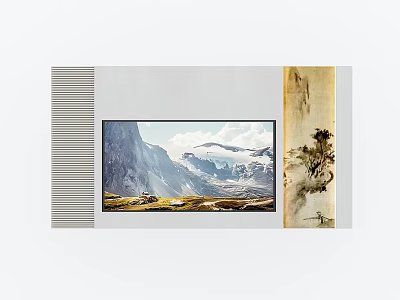 Modern TV Background Wall With Striped Panel And Mountain Landscape 3d model