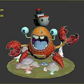 Cartoon Red Crab With Small Ship House On Back And White Clouds Around Green Base