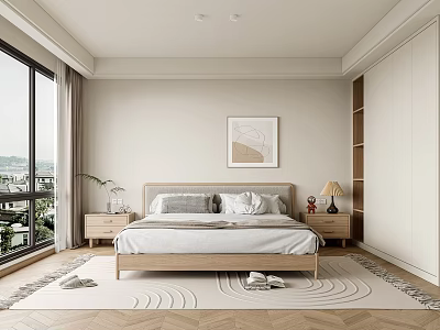 Modern Bedroom Interior With Wooden Bed Frame And Large Windows 3d model