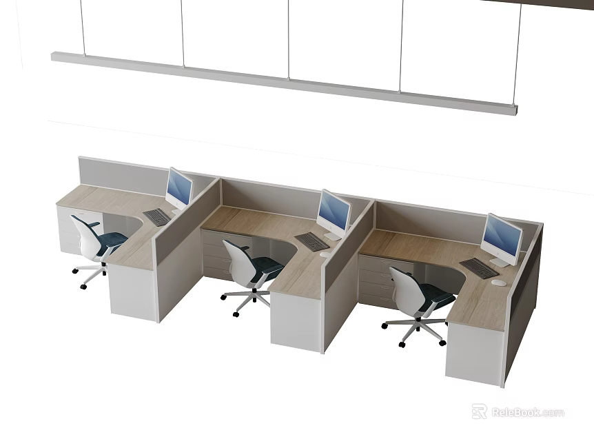 Modern Office Desk Workstations With Partition Computer Monitors And Ergonomic Chairs 3d model