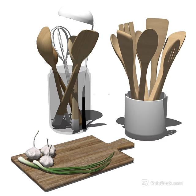 Wooden Kitchen Utensils In Clear And White Containers With Cutting Board Garlic And Green Onions 3d model 