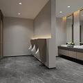 Modern Public Restroom Interior With Stalls Sinks Mirrors And Gray Marble Flooring
