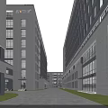 Modern Industrial Factory Building Exterior With Large Windows Road Cars And Greenery