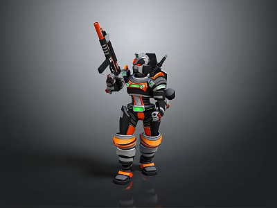 Sci Fi Robot Character With Mechanical Armor Holding Orange Rifle And Green Accents 3d model