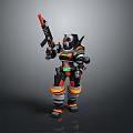 Sci Fi Robot Character With Mechanical Armor Holding Orange Rifle And Green Accents