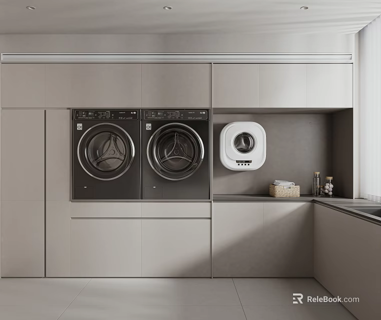 Modern Bathroom Interior With Washing Machine Dryer Gray Cabinets And Storage Baskets 3d model 