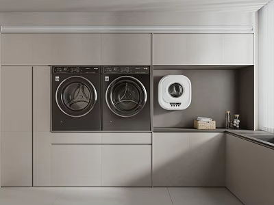 Modern Bathroom Interior With Washing Machine Dryer Gray Cabinets And Storage Baskets 3d model
