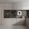 Modern Bathroom Interior With Washing Machine Dryer Gray Cabinets And Storage Baskets