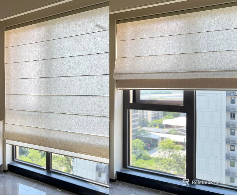 Light Colored Roman Curtains For Modern Home Window With Greenery View 3d model