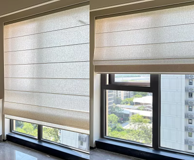 Light Colored Roman Curtains For Modern Home Window With Greenery View 3d model