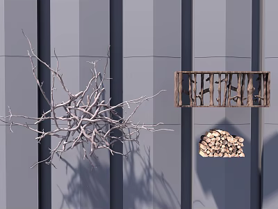 Creative Wall Decor with Twig Art and Wooden Shelf Holding Wood Logs on Gray Wall 3d model