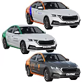 Modern Multi Colored Sedan Cars With Orange Blue Green Stripes And Brand Logos On Body
