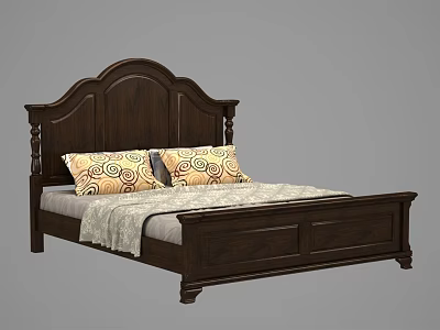 Dark Wooden Double Bed With Carved Headboard Spiral Pattern Pillows And Light Blanket 3d model