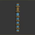 Ornamental Blue And Golden Weapon With Tiered Structure And Intricate Decorative Details