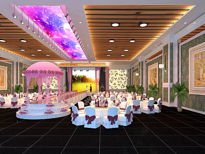 Elegant Banquet Hall With Pink Stage Starry Ceiling Patterned Walls White Chairs And Black Tiles 3d model