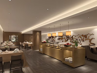 Modern Elegant Restaurant Interior With Dining Tables Hanging Lights Buffet Counter And Decorations 3d model