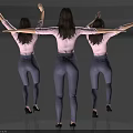 Women In Pink Shirts Gray Pants And Black Heels Posing With Raised Arms