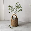Bonsai Potted Plant in Woven Basket with Green Leaves Scattered on Gray Floor
