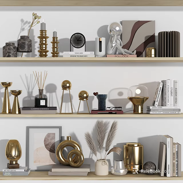 Decorative Ornament Set With Golden Candles Clock Sculpture Vases And Books On Shelves 3d model 