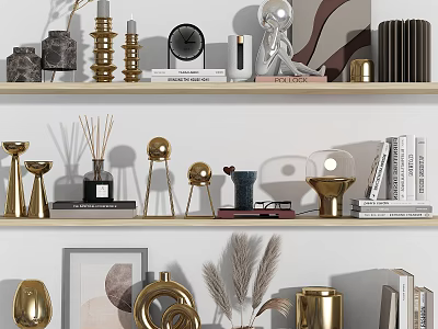 Decorative Ornament Set With Golden Candles Clock Sculpture Vases And Books On Shelves 3d model