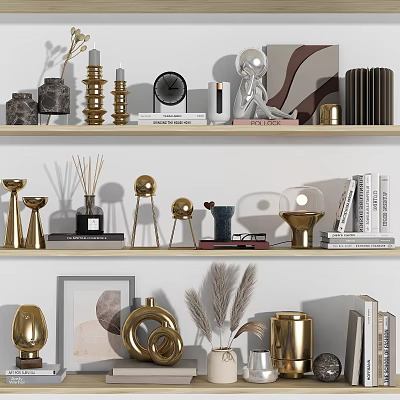 Decorative Ornament Set With Golden Candles Clock Sculpture Vases And Books On Shelves 3d model