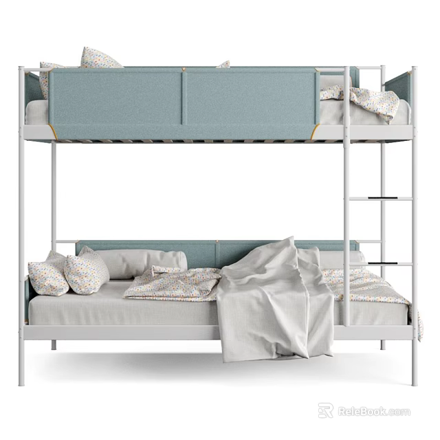 Modern Bunk Bed With Light Blue Mattress White Metal Ladder Soft Pillows And Blanket 3d model 