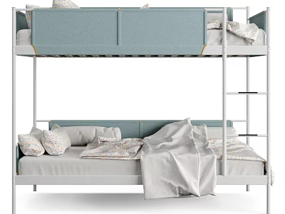 Modern Bunk Bed With Light Blue Mattress White Metal Ladder Soft Pillows And Blanket 3d model
