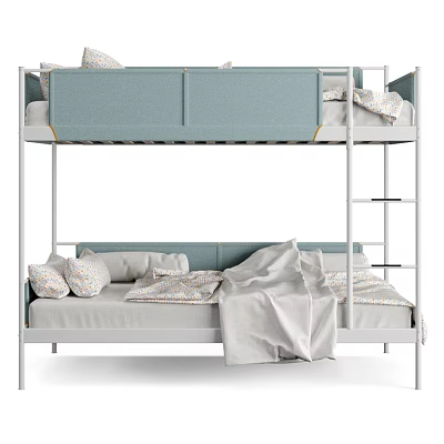 Modern Bunk Bed With Light Blue Mattress White Metal Ladder Soft Pillows And Blanket 3d model